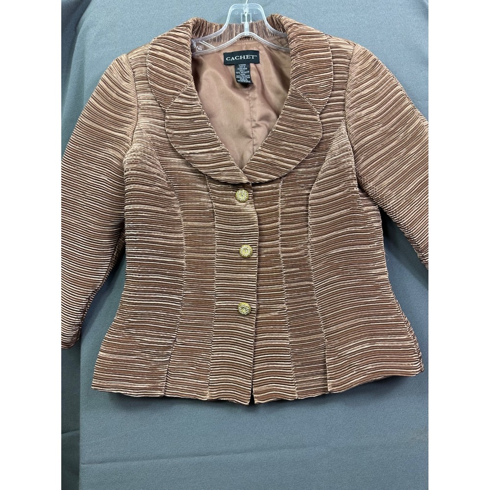 Cachet Women Size 10 Bronze Brown Pleated Accordion Blazer Jeweled Button Jacket